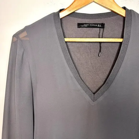 Zara Women Gray Blouse Long Sheer Cuffed Sleeve size S - Picture 4 of 7